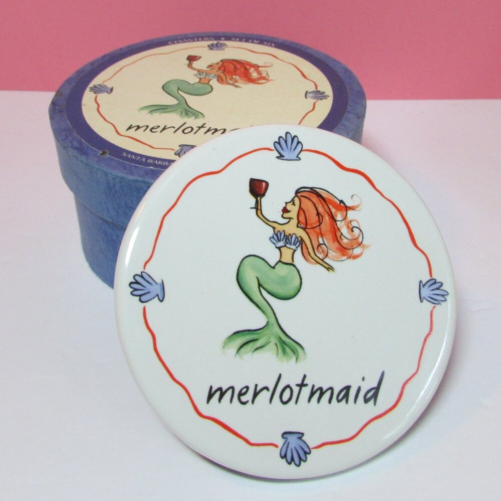 set of 6 wine drink cocktail mermaid ceramic coasters Santa Barbara